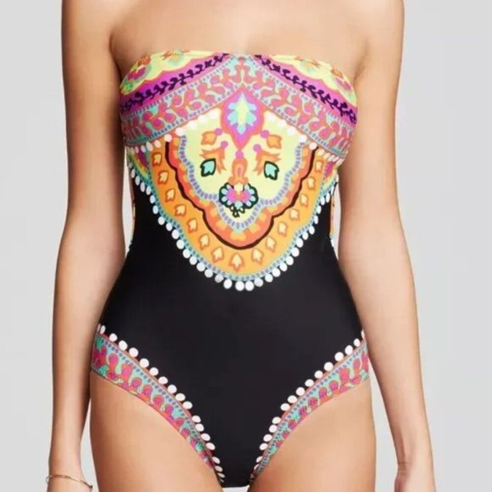 Trina Turk women's 4 black patterned Nuevo So Bandeau one‎ piece swimsuit halter